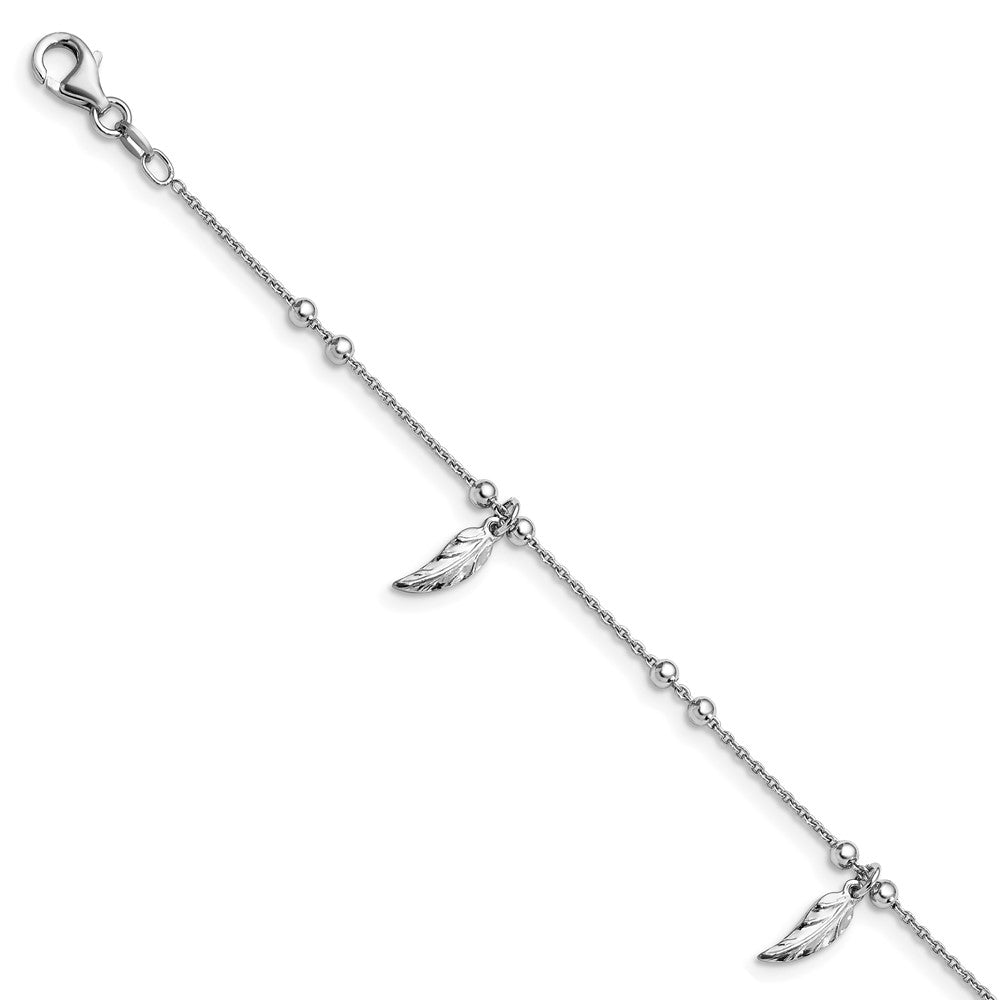 Sterling Silver Rhodium-plated Polished Feather with 1in ext. Anklet