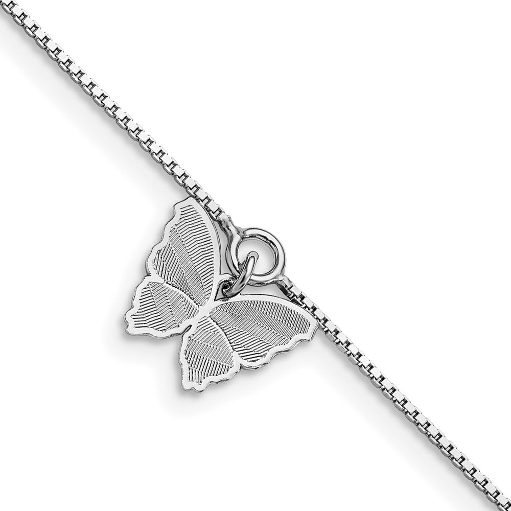 SS RH-plt Polished & Textured Butterfly 10in Plus 1in ext. Anklet