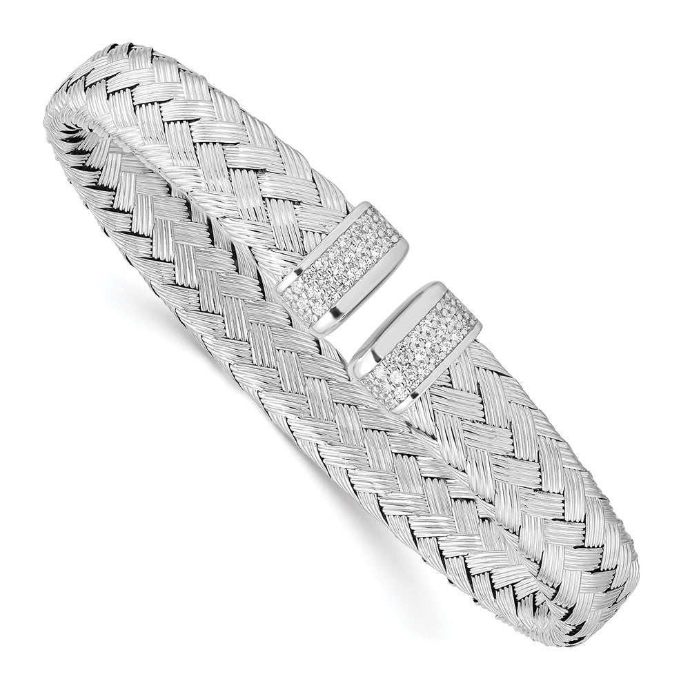 Sterling Silver Rhodium-plated CZ Woven Flexible Cuff