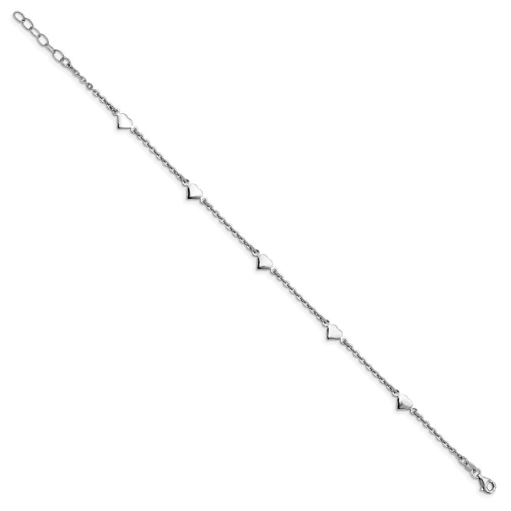 Sterling Silver Rhodium-plated Polished Heart 9in with 1in ext. Anklet