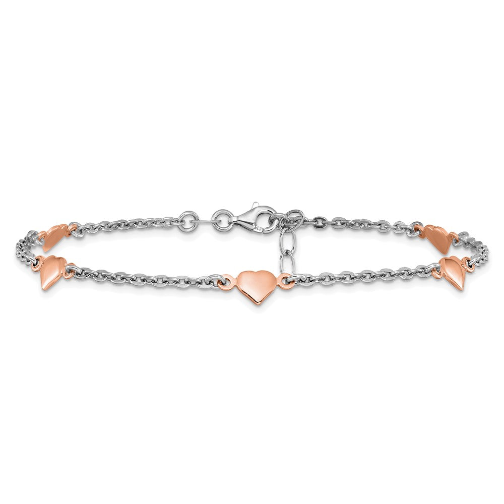 Sterling Silver RH and Gold-plated Heart 9in with 1in ext. Anklet