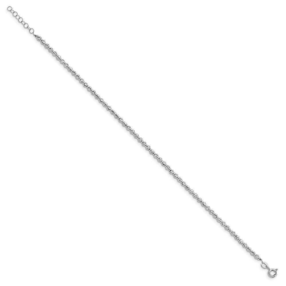 Sterling Silver Rhodium Diamond-cut Beaded with 1in ext. Anklet