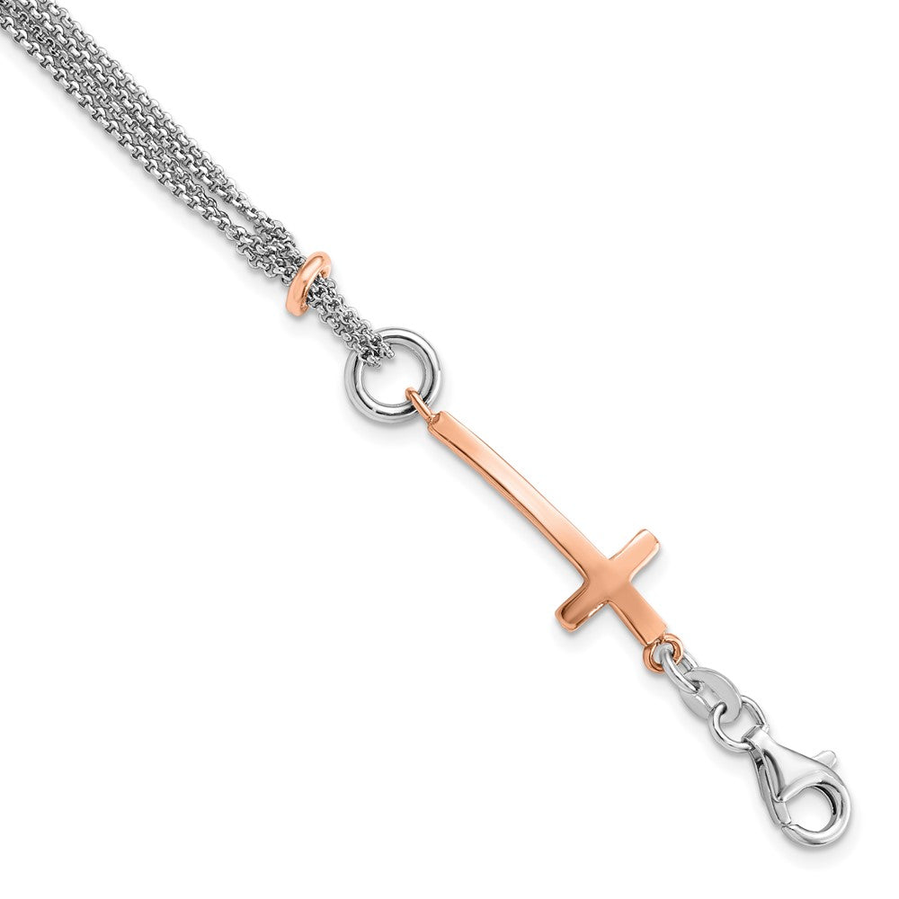 Sterling Silver with Rose-tone Cross with 1.5in ext. with Cross Bracelet