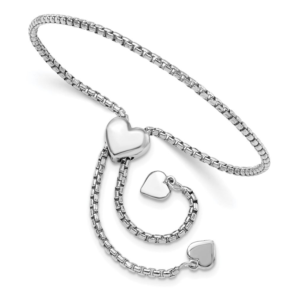 Sterling Silver Rhodium-plated Round Rectangle Box Heart Adj. Bracelet