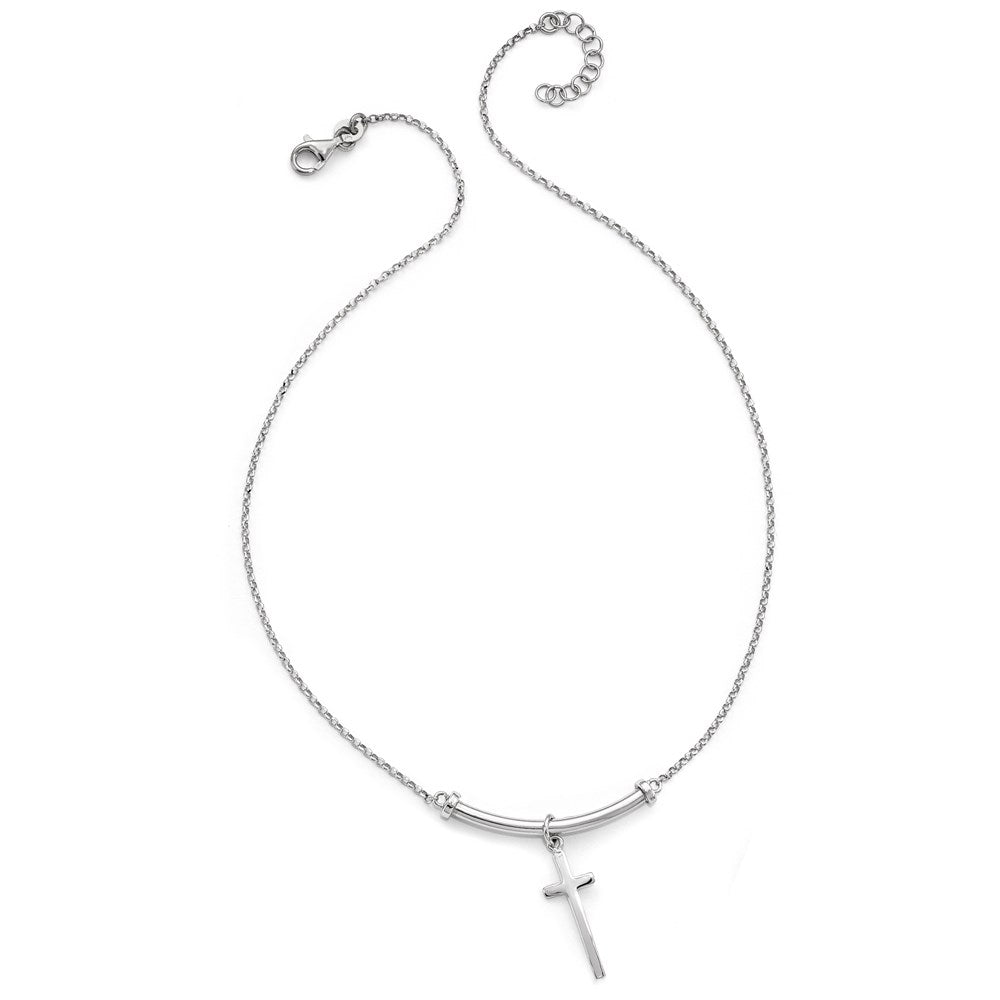 Sterling Silver Rhodium-plated Polished Cross with 1in ext. Necklace