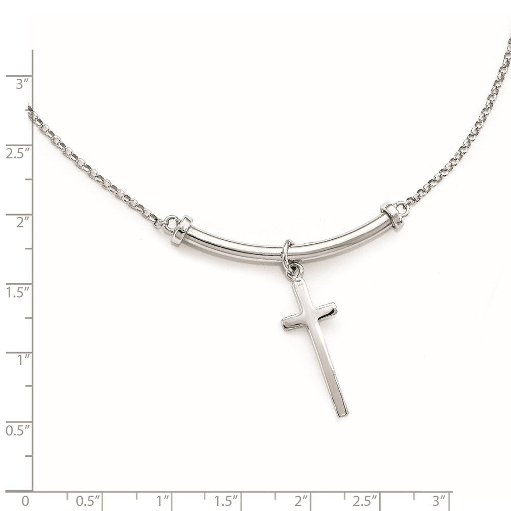 Sterling Silver Rhodium-plated Polished Cross with 1in ext. Necklace