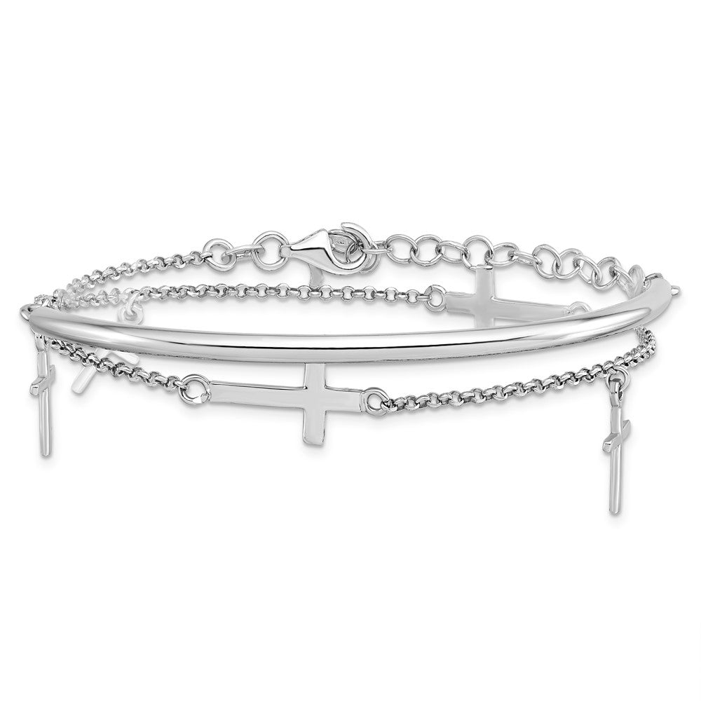 Sterling Silver RH-plt Polished Crosses with 2in ext. Wrap Bracelet