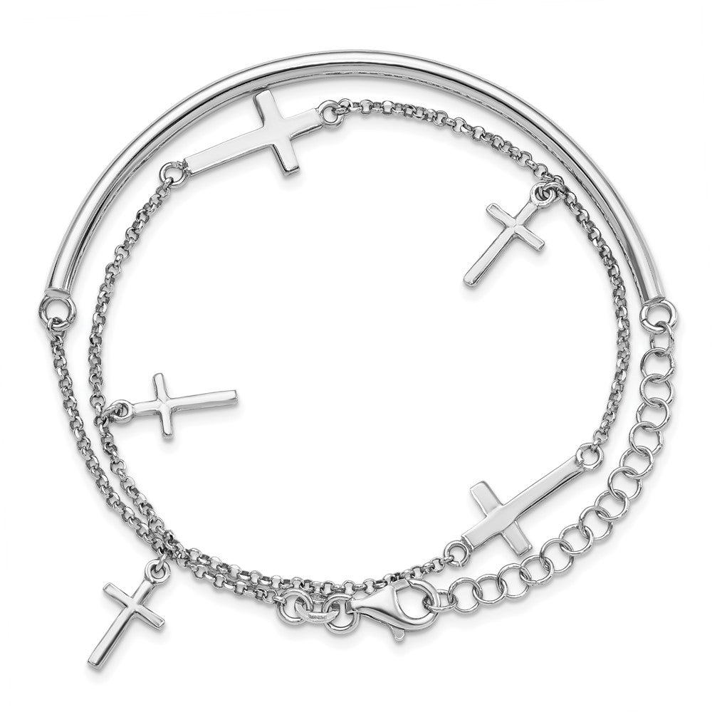 Sterling Silver RH-plt Polished Crosses with 2in ext. Wrap Bracelet