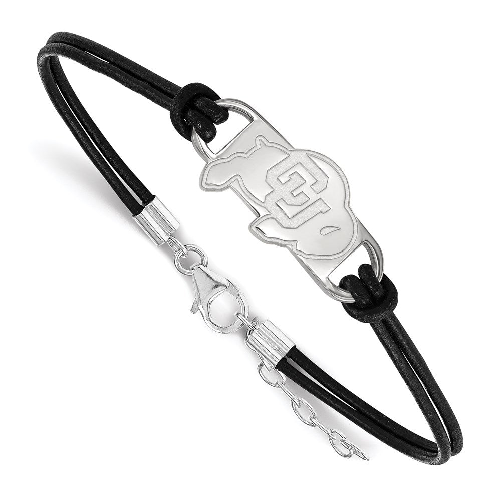 Sterling Silver Rhodium-plated U. of Colorado Leather Bracelet