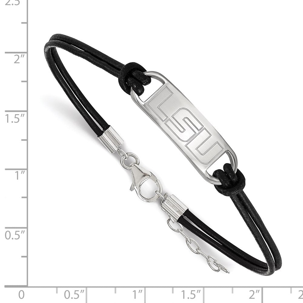 Sterling Silver Rhodium-plated Louisiana State U. Leather Bracelet