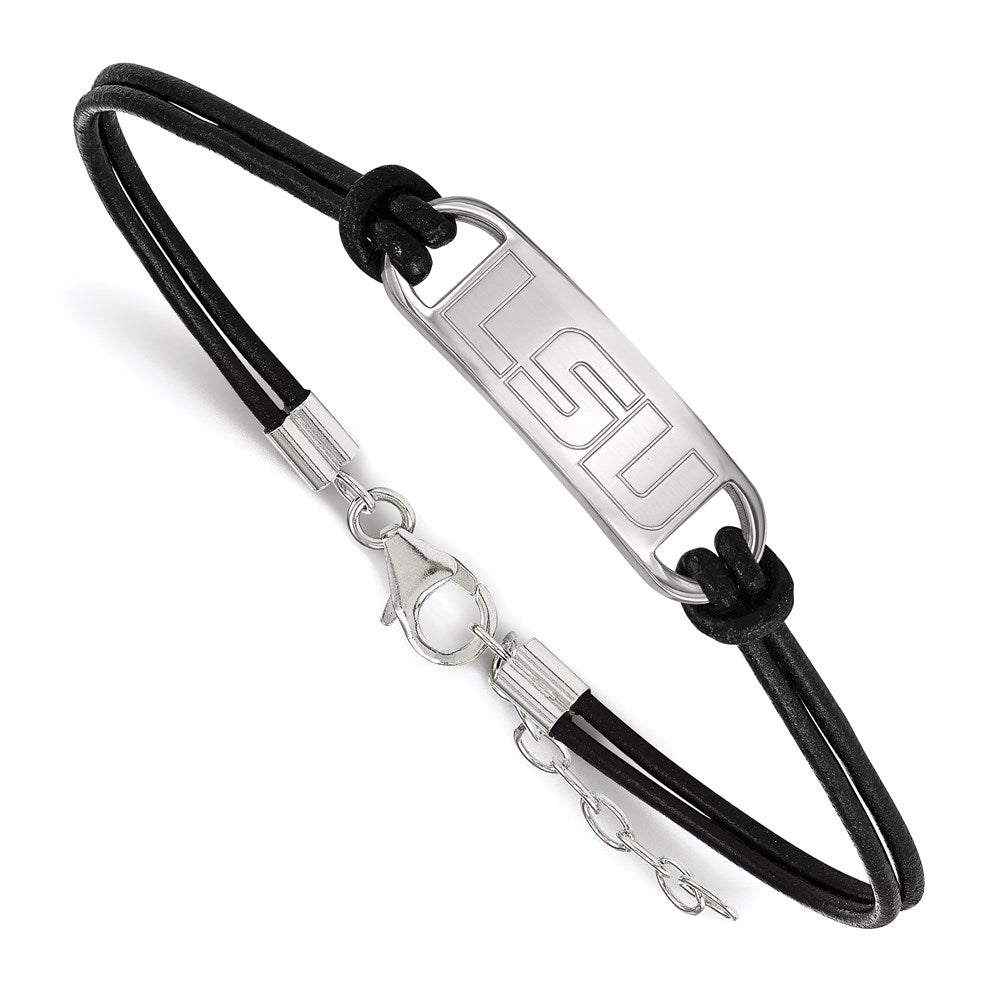 Sterling Silver Rhodium-plated Louisiana State U. Leather Bracelet