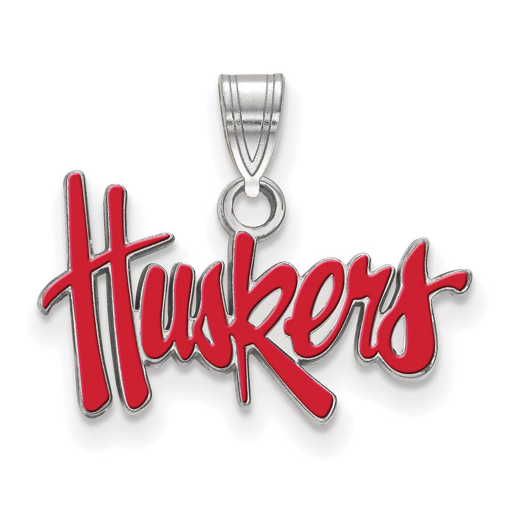 Sterling Silver Rhodium-plated Univ. of Nebraska Small Enamel Pendant