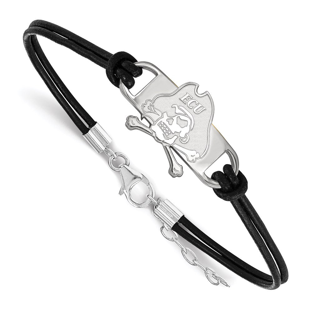 Sterling Silver Rhodium-plated East Carolina University Leather Bracelet