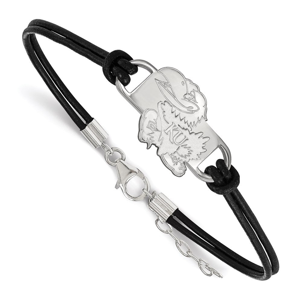 Sterling Silver Rhodium-plated University of Kansas Leather Bracelet