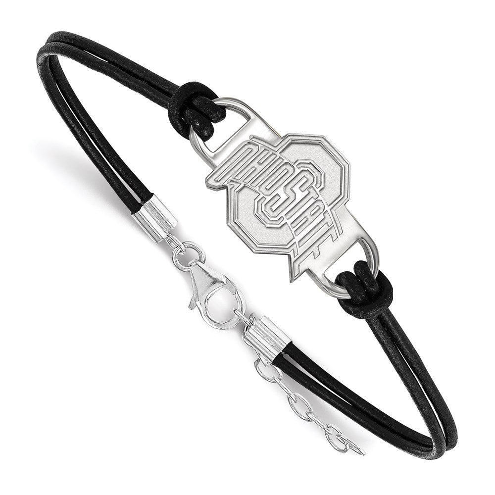 Sterling Silver Rhodium-plated Ohio State University Leather Bracelet