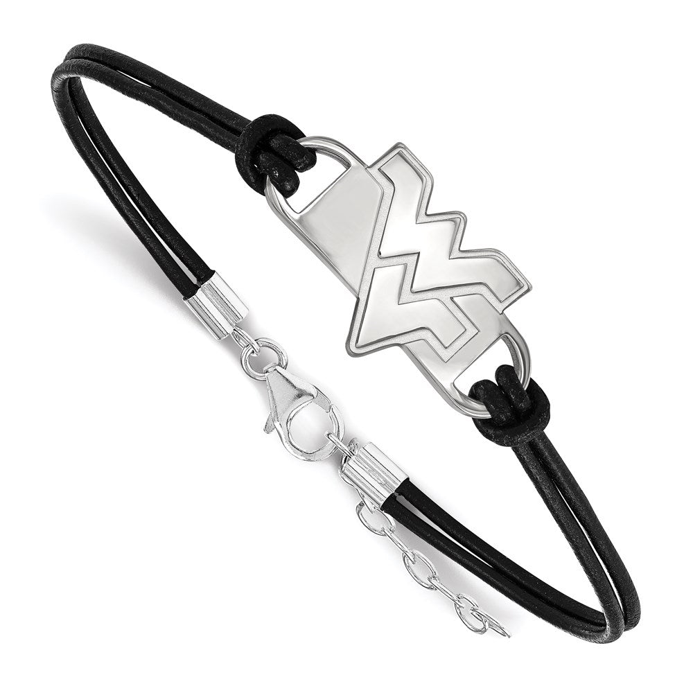 Sterling Silver Rhodium-plated West Virginia Univ. Leather Bracelet