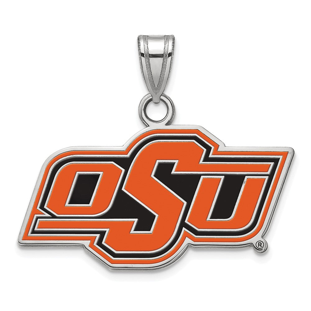 Sterling Silver Rhodium-plated Oklahoma State U. Small Enamel Pendant