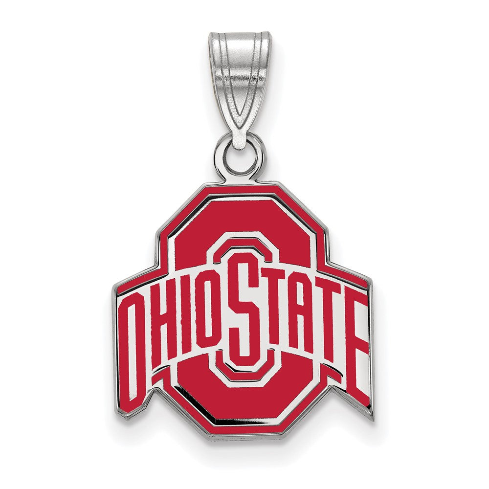 Sterling Silver Rhodium-plated Ohio State U. Medium Enamel Pendant