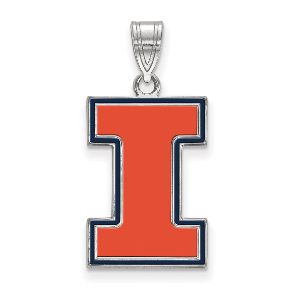 Sterling Silver Rhodium-plated University of Illinois Large Enamel Pendant