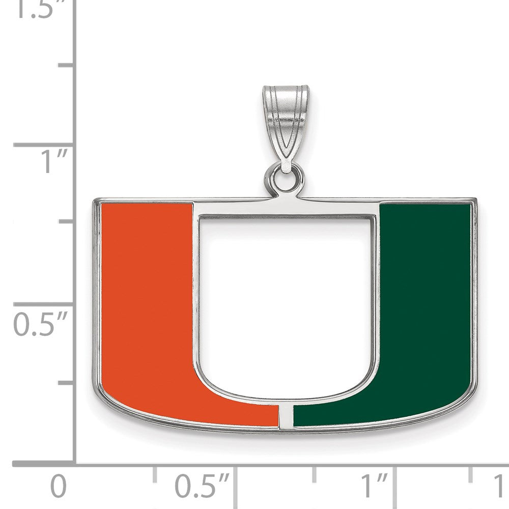 Sterling Silver Rhodium-plated Univ. of Miami Large Enamel Pendant