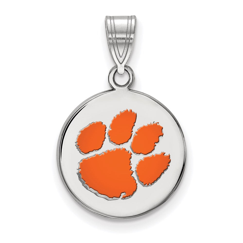 Sterling Silver Rhodium-plated Clemson U. Medium Enamel Disc Pendant