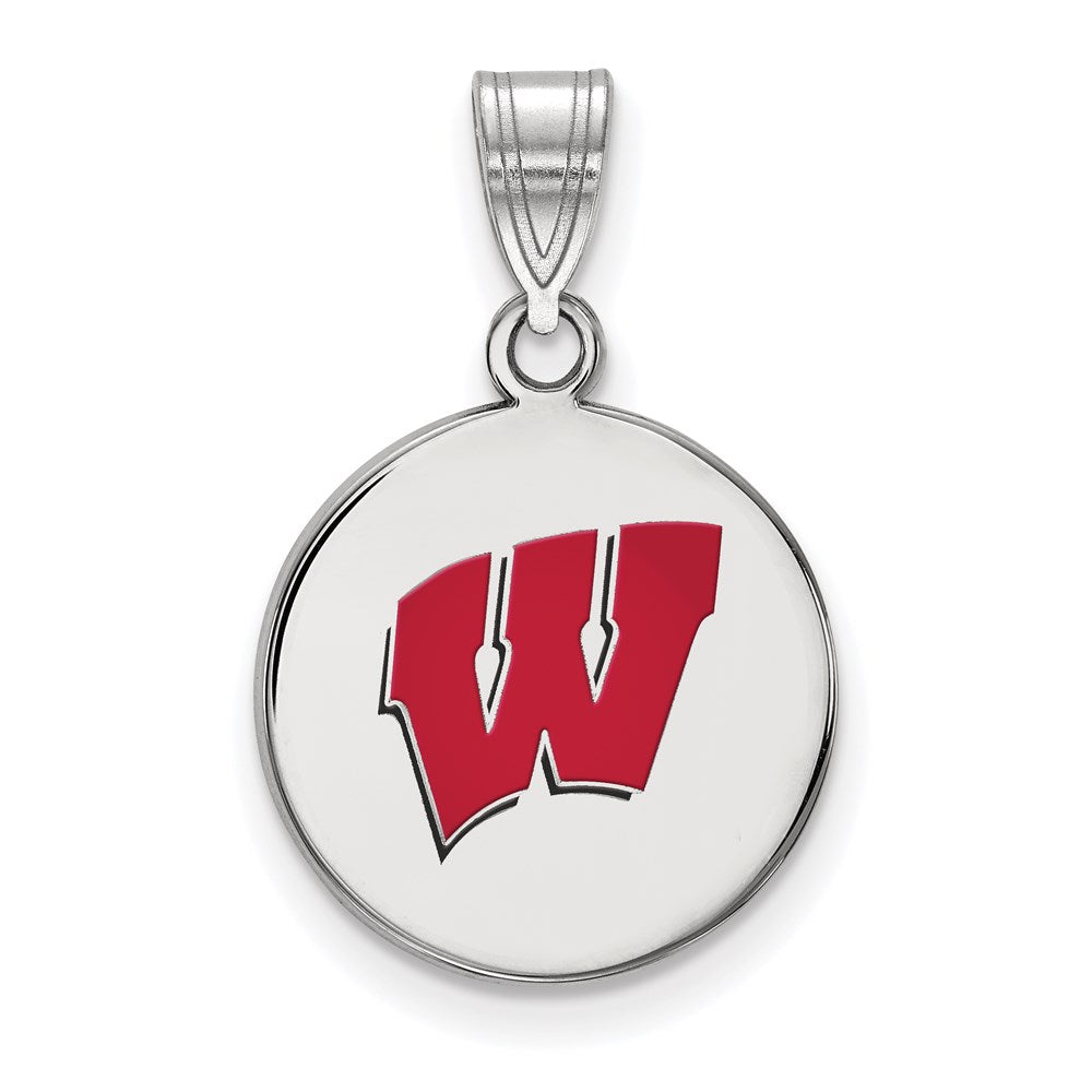 Sterling Silver Rhodium-plated U. of Wisconsin Medium Enamel Pendant