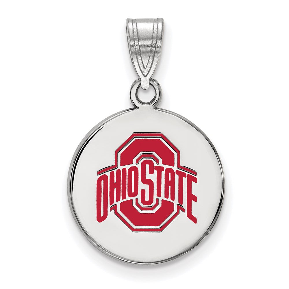 Sterling Silver Rhodium-plated Ohio State U. Medium Enamel Disc Pendant