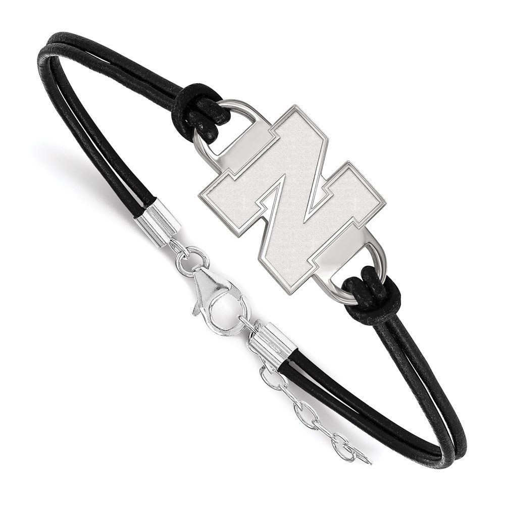 Sterling Silver Rhodium-plated U. of Nebraska Leather Bracelet