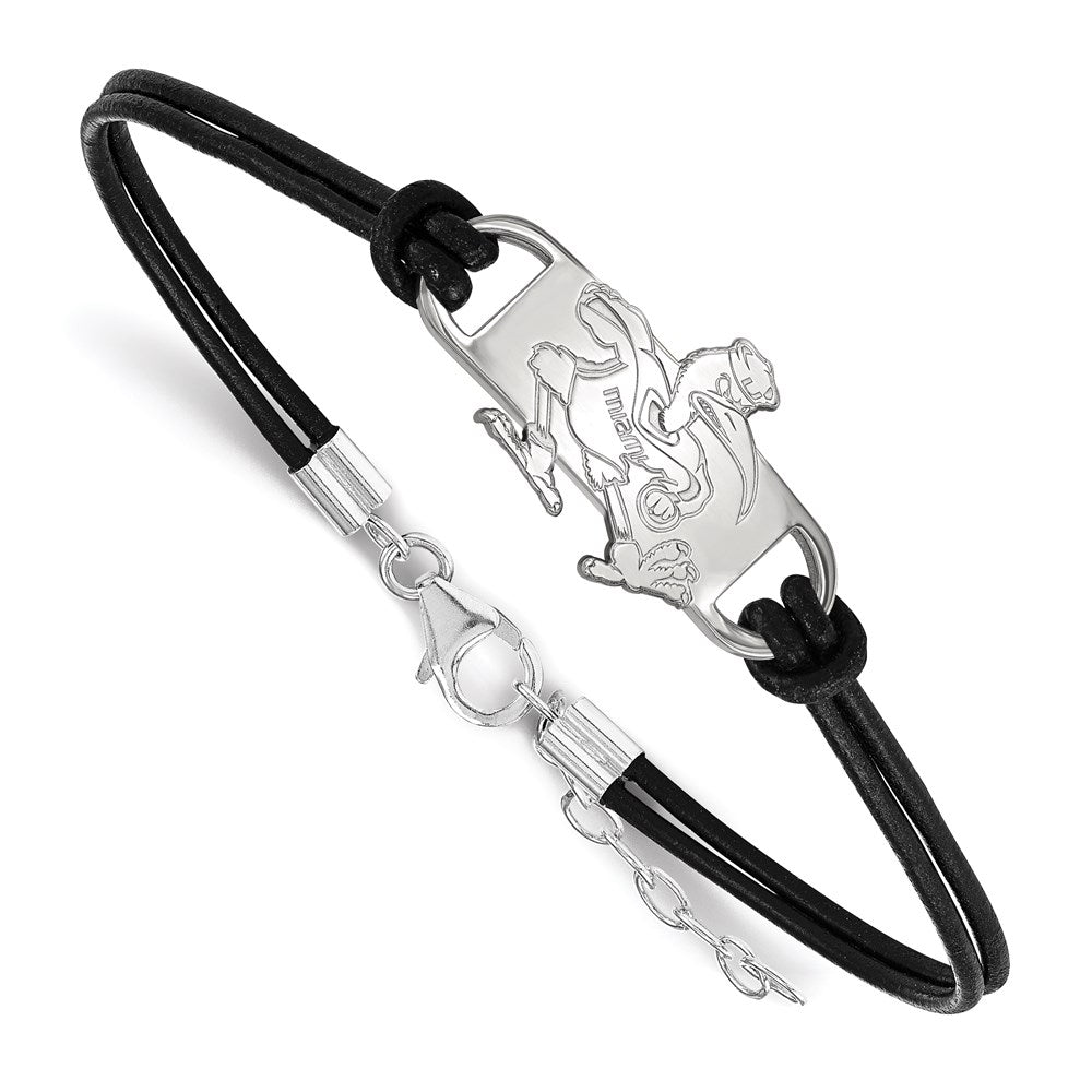 Sterling Silver Rhodium-plated University of Miami Leather Bracelet