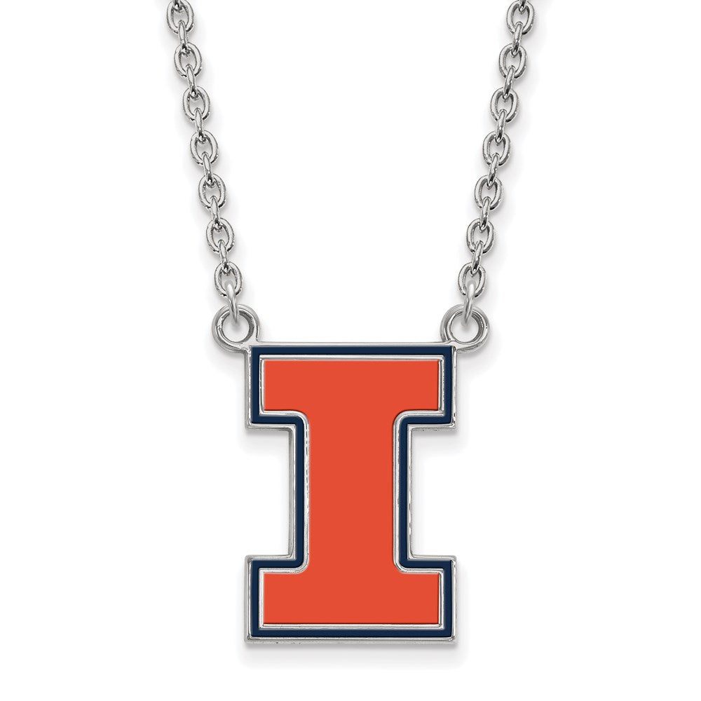 Sterling Silver Rhodium-plated University of Illinois Large Enamel Necklace