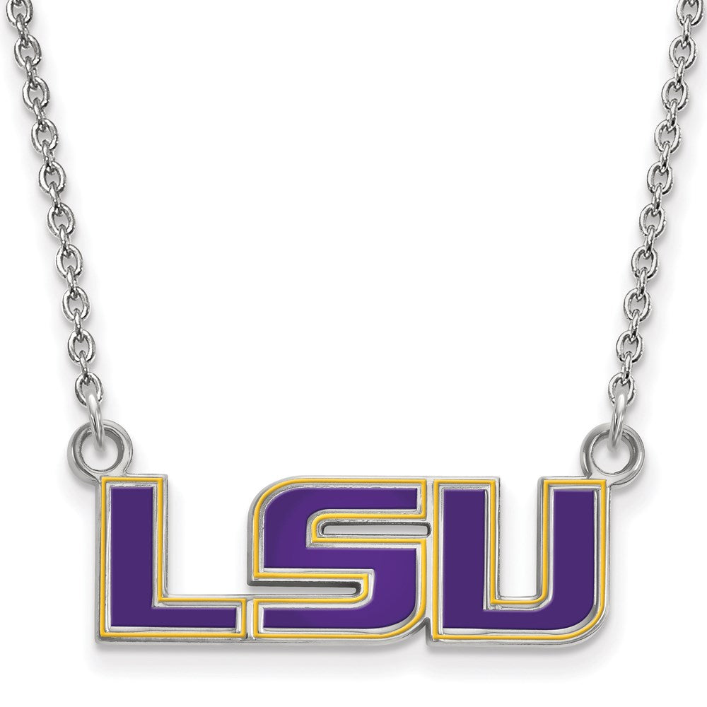 Sterling Silver Rhodium-plated Louisiana State U Small Enamel Necklace