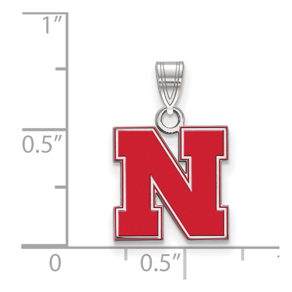 Sterling Silver Rhodium-plated Univ. of Nebraska Small Enamel Pendant