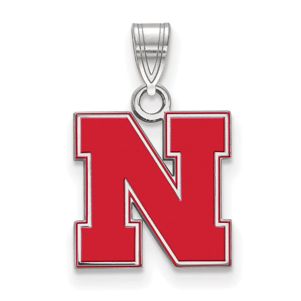 Sterling Silver Rhodium-plated Univ. of Nebraska Small Enamel Pendant