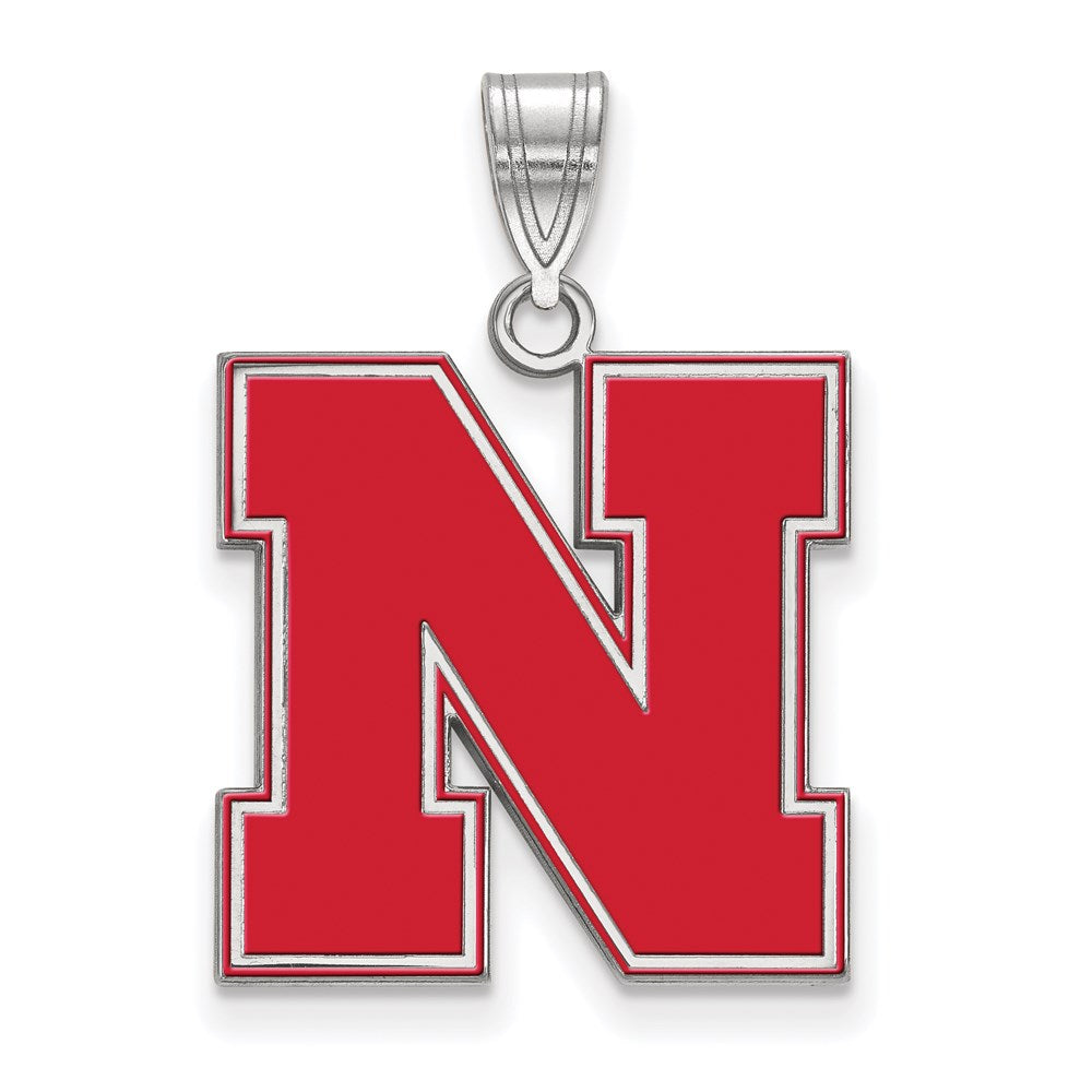 Sterling Silver Rhodium-plated Univ. of Nebraska Large Enamel Pendant