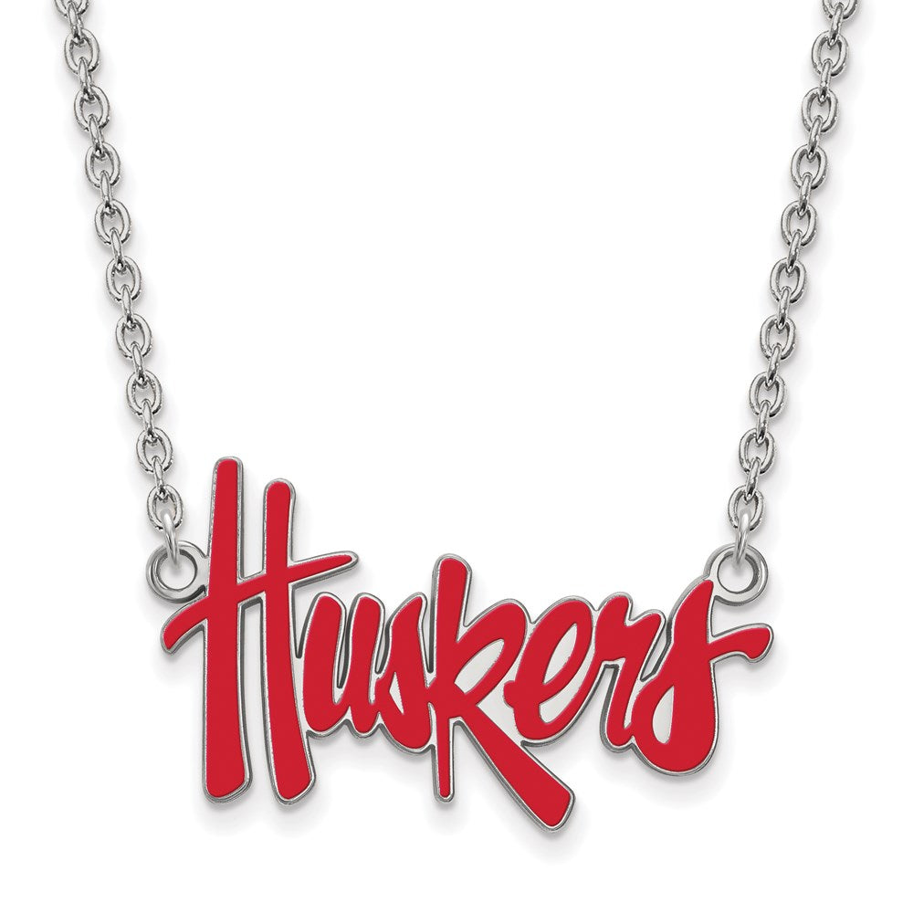 Sterling Silver Rhodium-plated U. of Nebraska Large Enamel Necklace