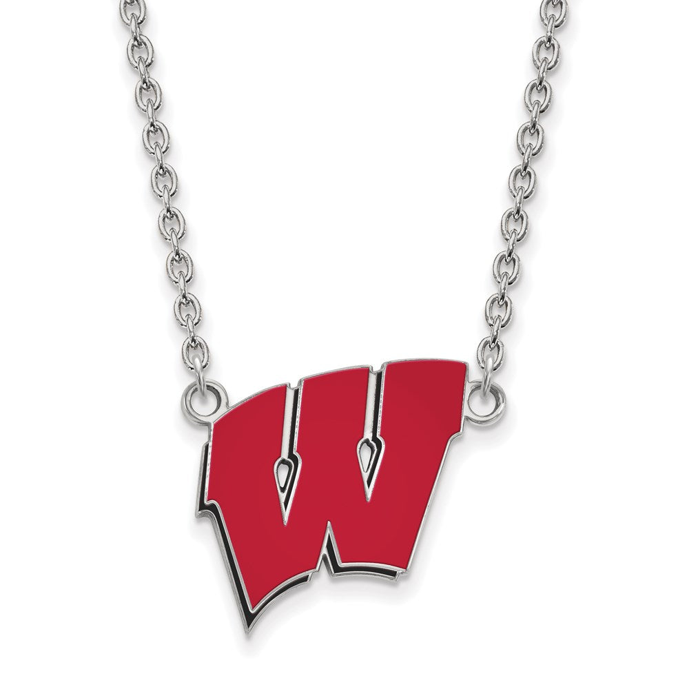 Sterling Silver Rhodium-plated U. of Wisconsin Large Enamel Necklace