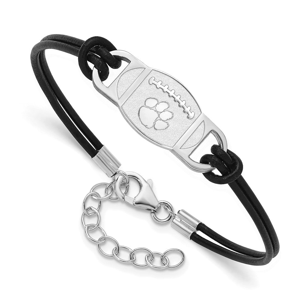 Sterling Silver Rhod-pl Clemson University Football Leather Bracele