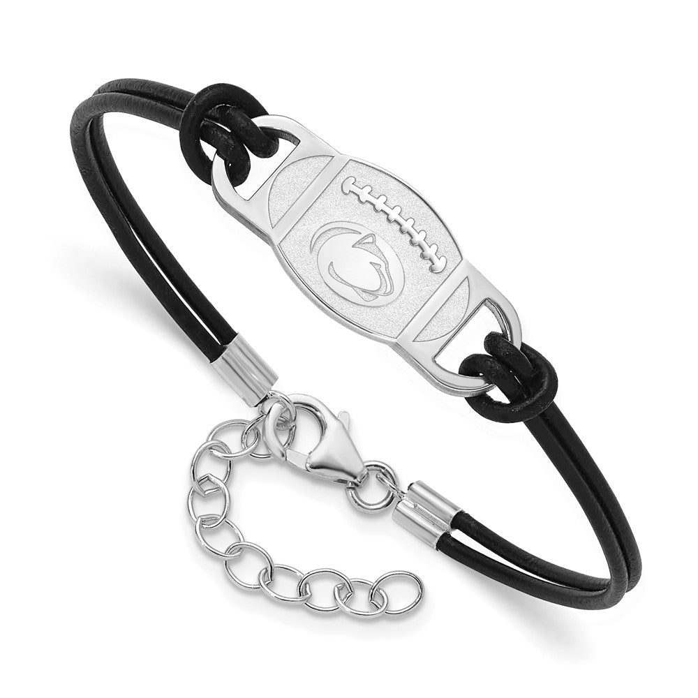 Sterling Silver Rhod-pl Penn State Univ Football Leather Bracelet