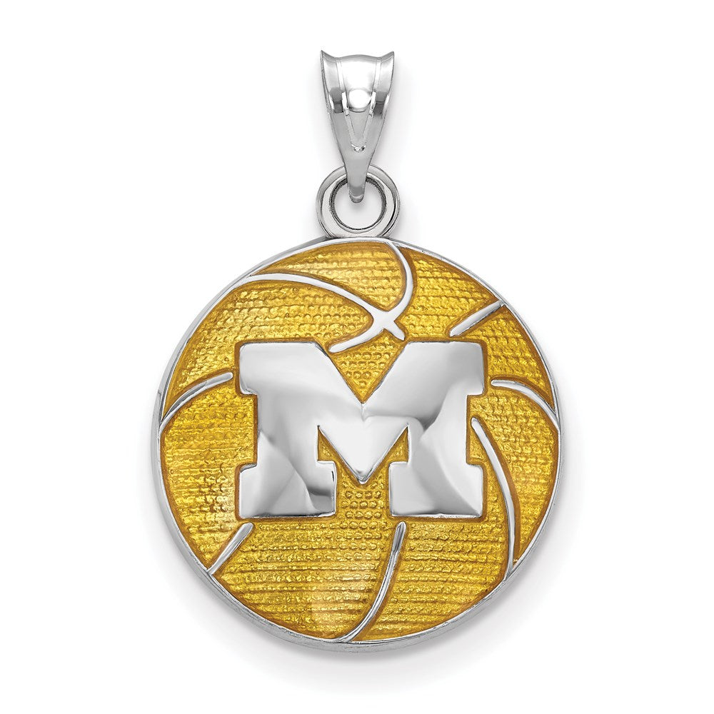Sterling Silver Rhodium-plated U. of Michigan Enamel Basketball Pendant