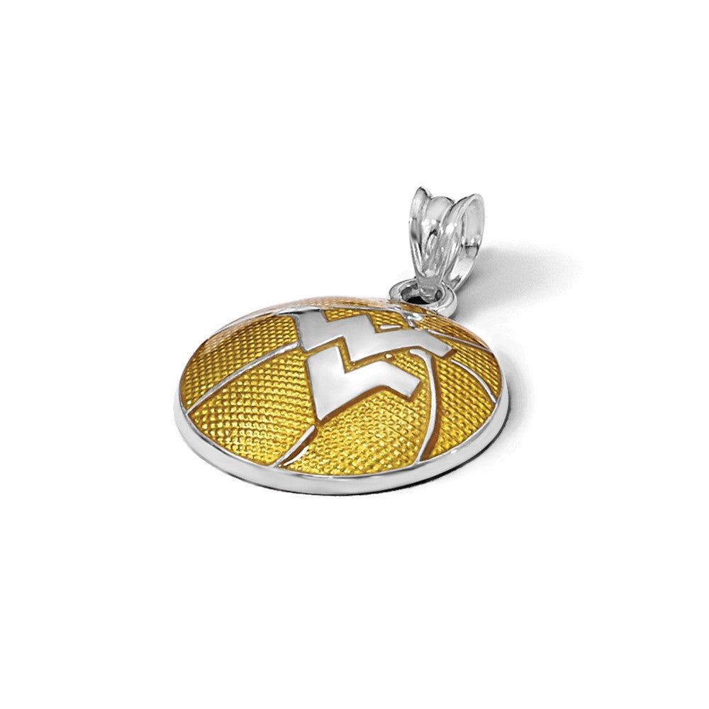 Sterling Silver Rhodium-plated West Virginia U. Enamel Basketball