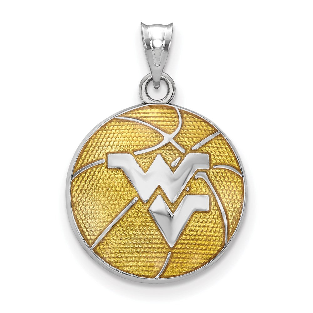 Sterling Silver Rhodium-plated West Virginia U. Enamel Basketball