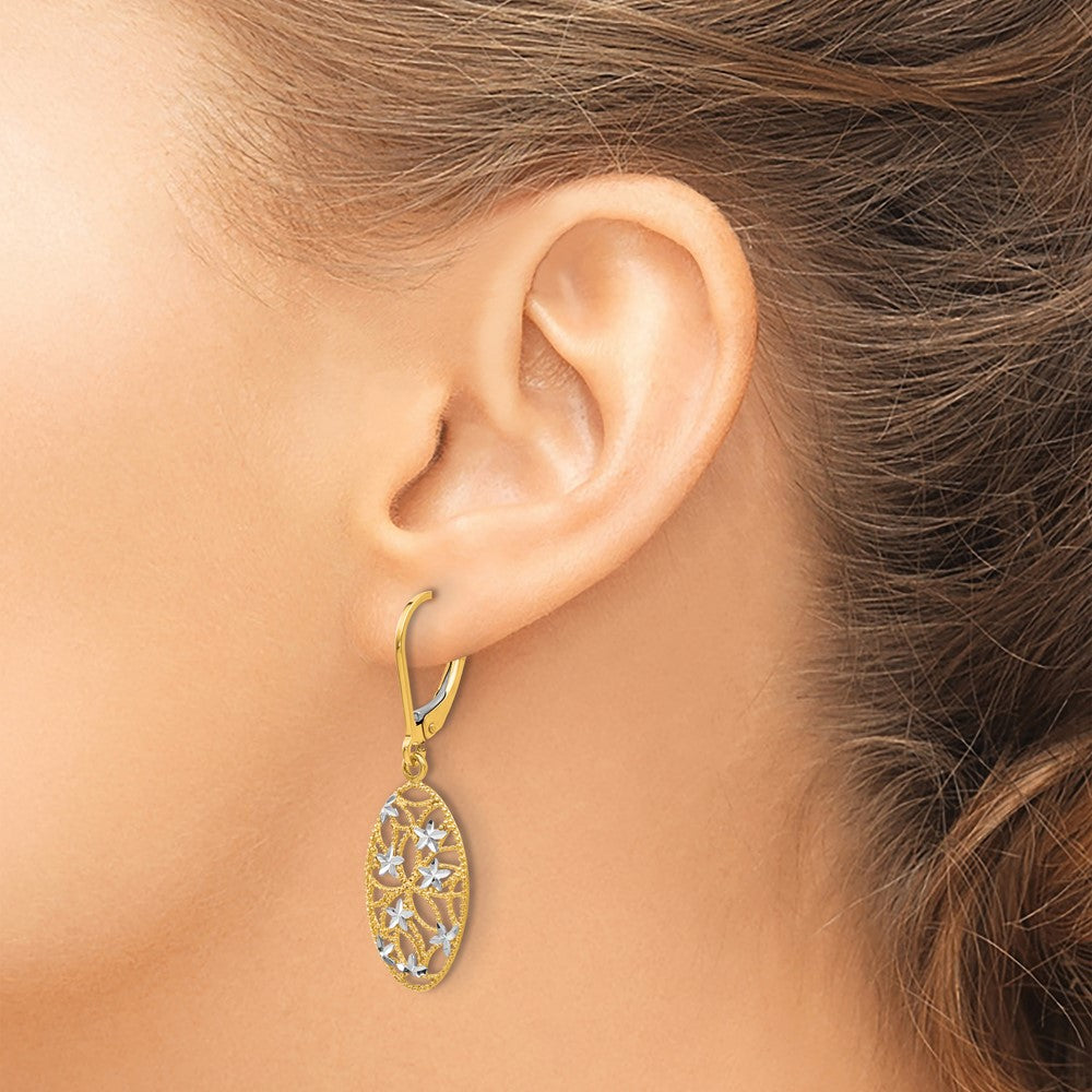 10K with Rhodium Diamond-cut Leverback Dangle Earrings