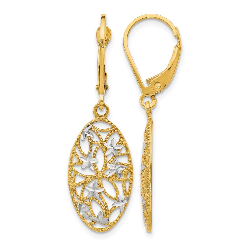 10K with Rhodium Diamond-cut Leverback Dangle Earrings