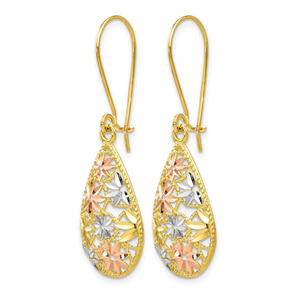 10K with White and Rose Rhodium Diamond-cut Dangle Earrings