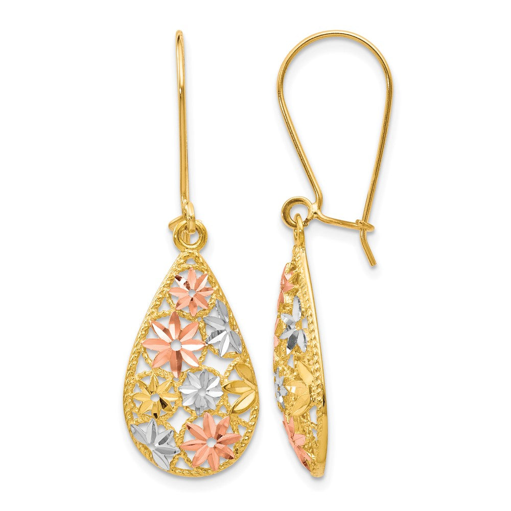 10K with White and Rose Rhodium Diamond-cut Dangle Earrings